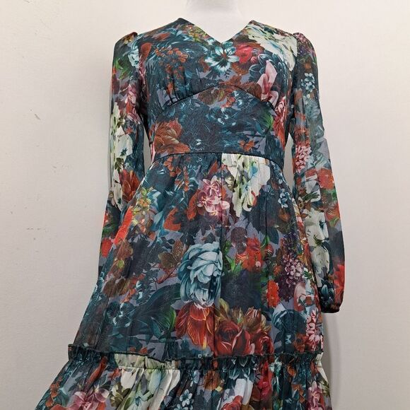 Glamorous Elegant Floral Print V-Neck Tiered Boho Chic Maxi Party Dress Small - Picture 16 of 16